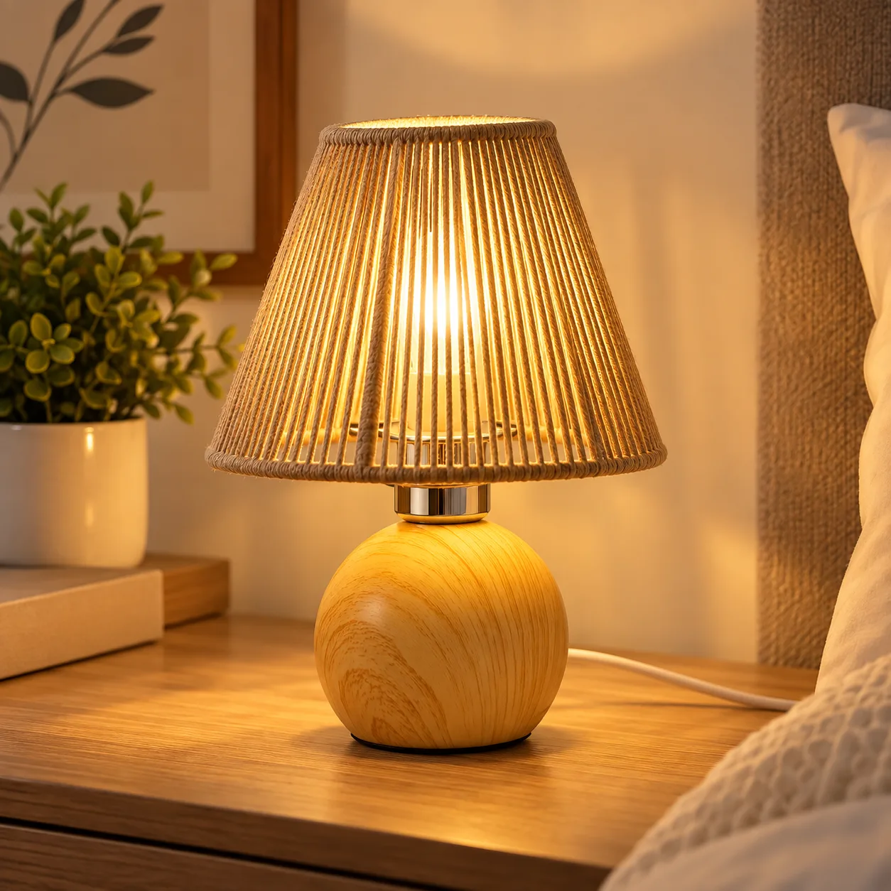 Lampe de Chevet Effet Bois avec Abat-Jour en Corde