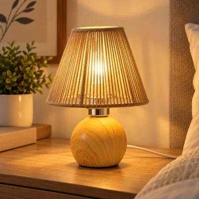 Lampe de Chevet Effet Bois avec Abat-Jour en Corde | Top Déco Tunisie