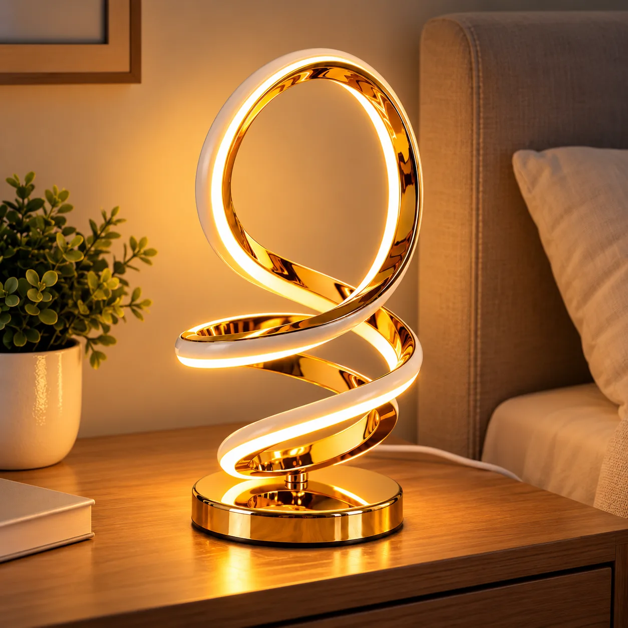 Lampe de Table LED Spirale Dorée – 3 Couleurs d’Éclairage