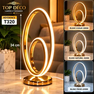 Lampe de Table LED Double Anneau Dorée – 3 Couleurs d’Éclairage – 34 cm | Top Déco Tunisie