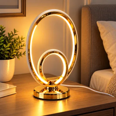 Lampe de Table LED Double Anneau Dorée – 3 Couleurs d’Éclairage – 34 cm | Top Déco Tunisie