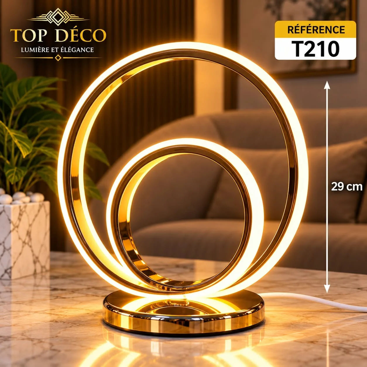Lampe de Table LED Double Anneau Dorée – Design Moderne – 3 Couleurs