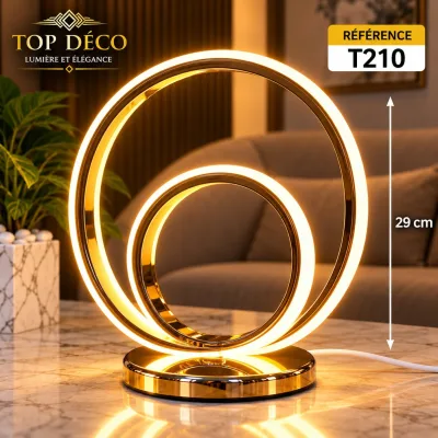 Lampe de Table LED Double Anneau Dorée – Design Moderne – 3 Couleurs | Top Déco Tunisie