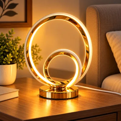 Lampe de Table LED Double Anneau Dorée – Design Moderne – 3 Couleurs | Top Déco Tunisie