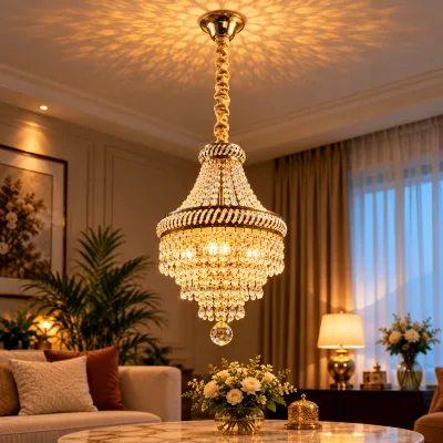 Lustre Suspendu Cristal Doré 30 cm – 3 Lampes E27 | Top Déco Tunisie