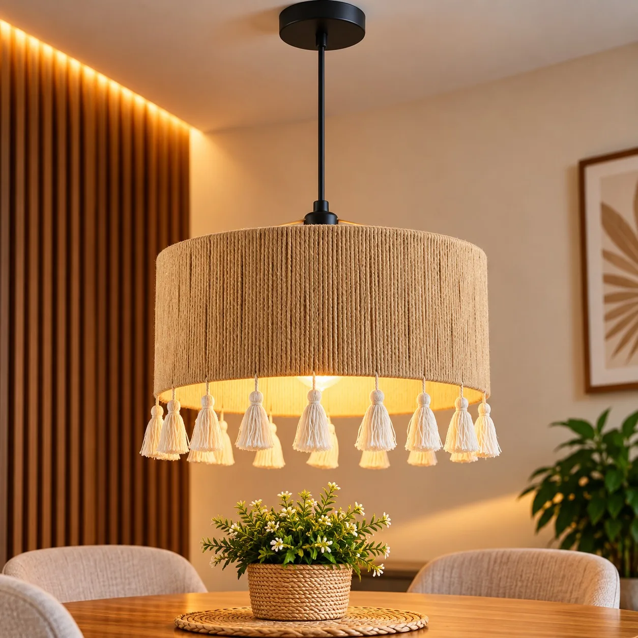 Lustre Suspendu Bohème en Corde avec Pompons