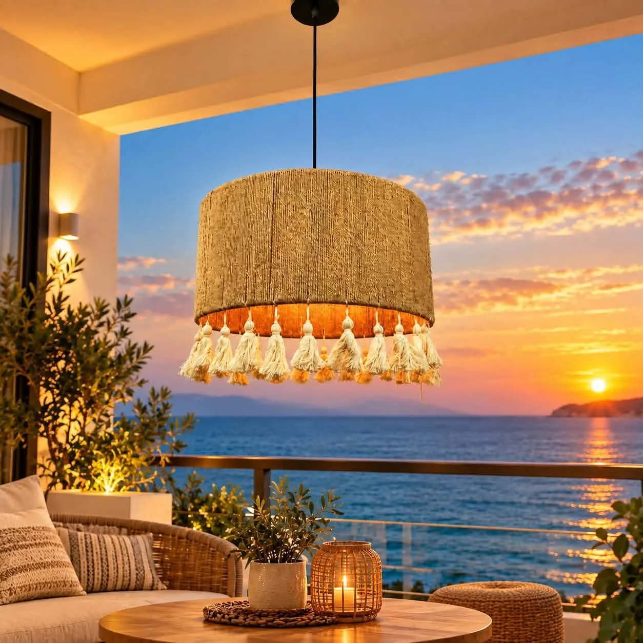Lustre Suspendu Bohème en Corde avec Pompons