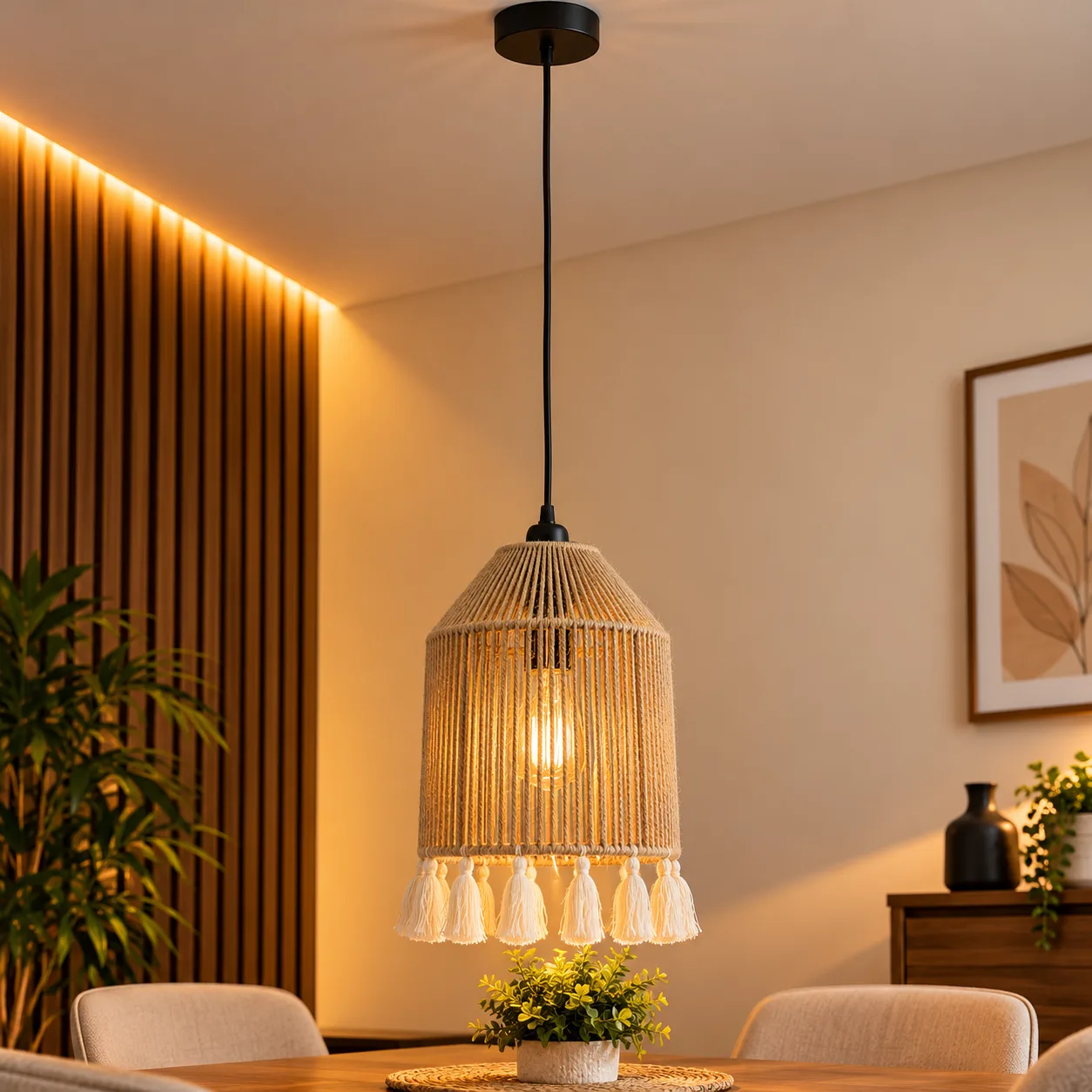 Lustre Suspendu Bohème en Corde avec Pompons