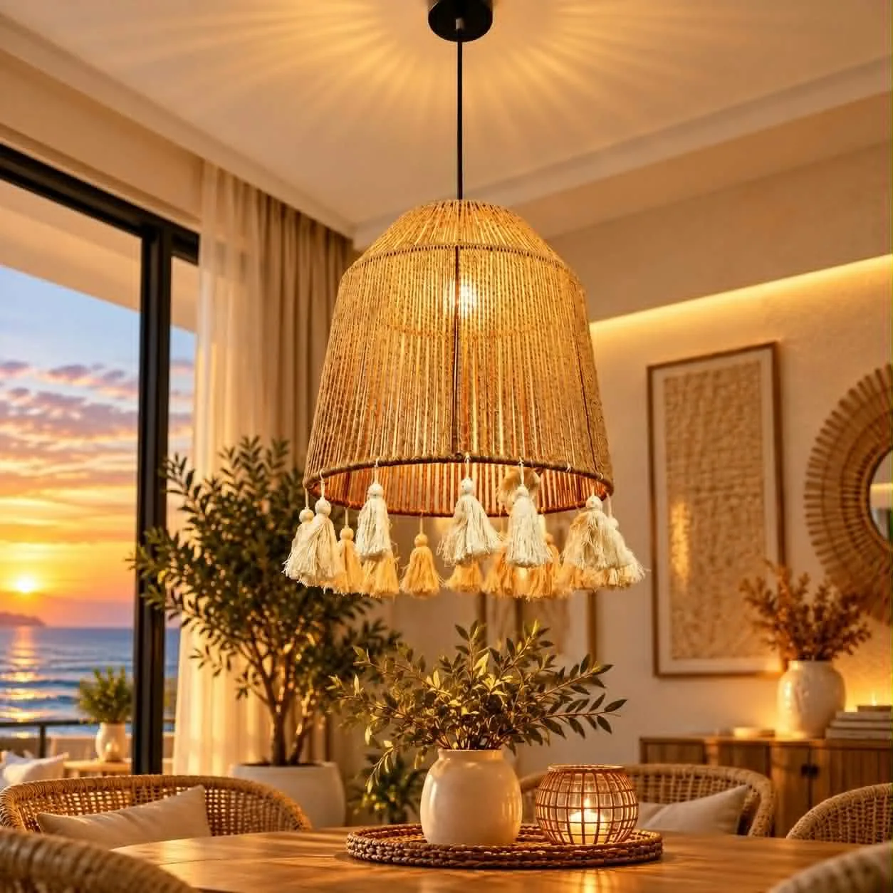 Lustre Suspendu Bohème en Corde avec Pompons