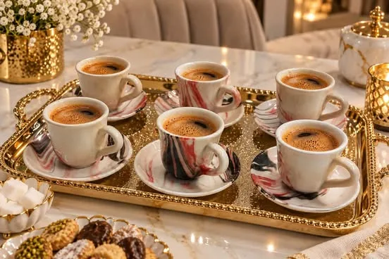 Service à Café 12 Pièces Effet Marbré – 6 Tasses avec Soucoupes