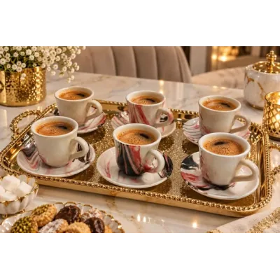 Service à Café 12 Pièces Effet Marbré – 6 Tasses avec Soucoupes | Top Déco Tunisie