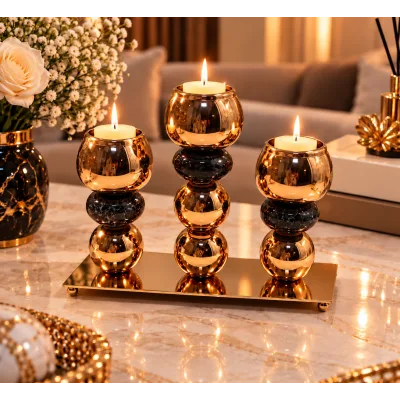 Set de 3 Bougeoirs Décoratifs Dorés & Noirs avec Plateau | Top Déco Tunisie