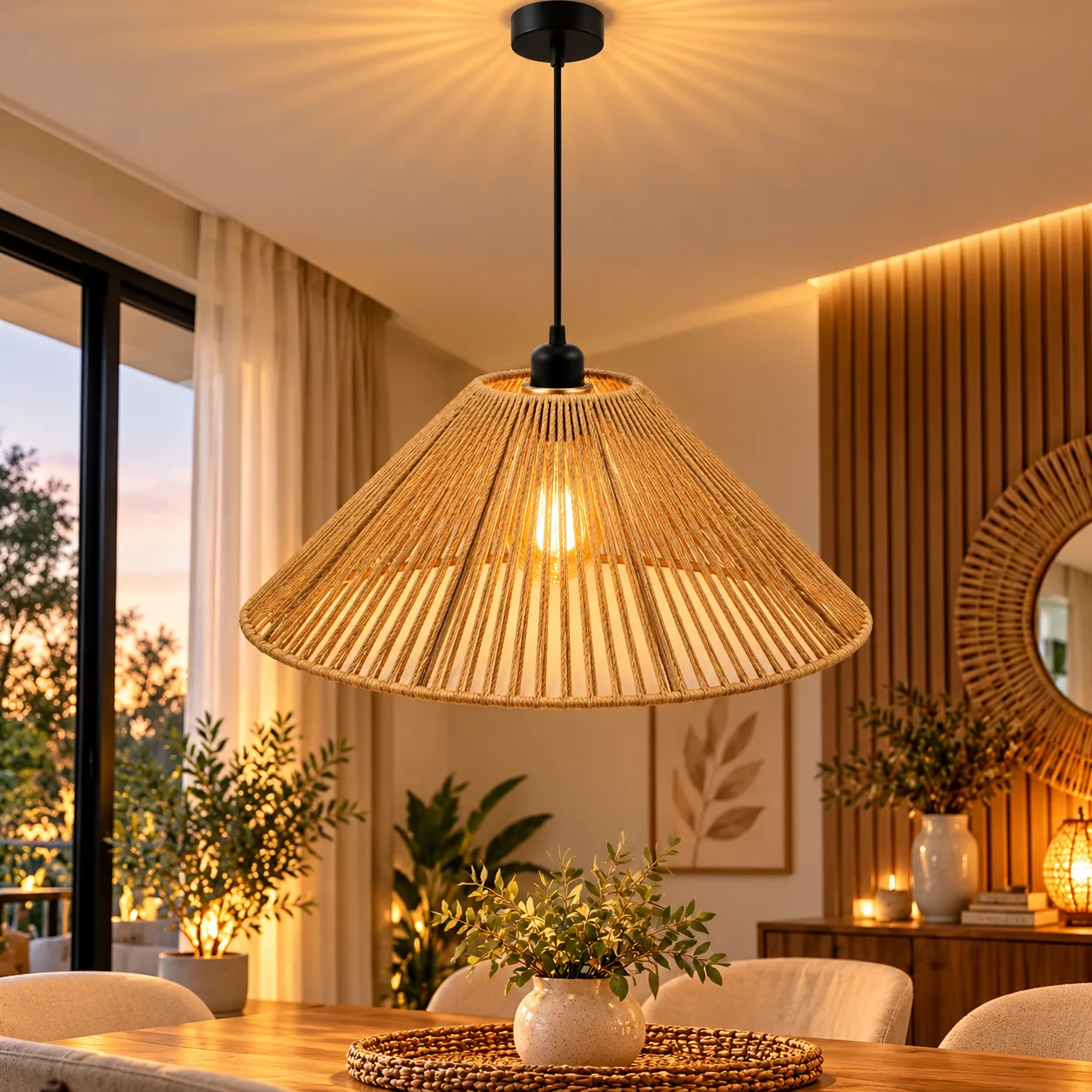 Lustre Suspendu en Corde Naturelle 40 cm – Design Conique Bohème