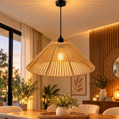 Lustre Suspendu en Corde Naturelle 40 cm – Design Conique Bohème | Top Déco Tunisie