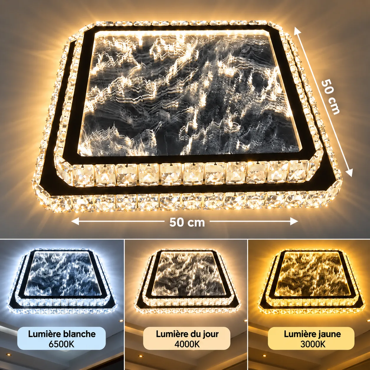 Plafonnier LED Carré Cristal 50×50 cm – 3 Couleurs d’Éclairage