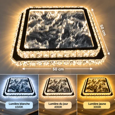 Plafonnier LED Carré Cristal 50×50 cm – 3 Couleurs d’Éclairage | Top Déco Tunisie