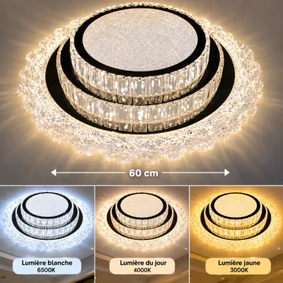 Plafonnier LED Rond Cristal 60 cm – 3 Couleurs d’Éclairage | Top Déco Tunisie