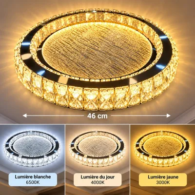 Plafonnier LED Rond Cristal 46 cm – 3 Temps d’Éclairage | Top Déco Tunisie