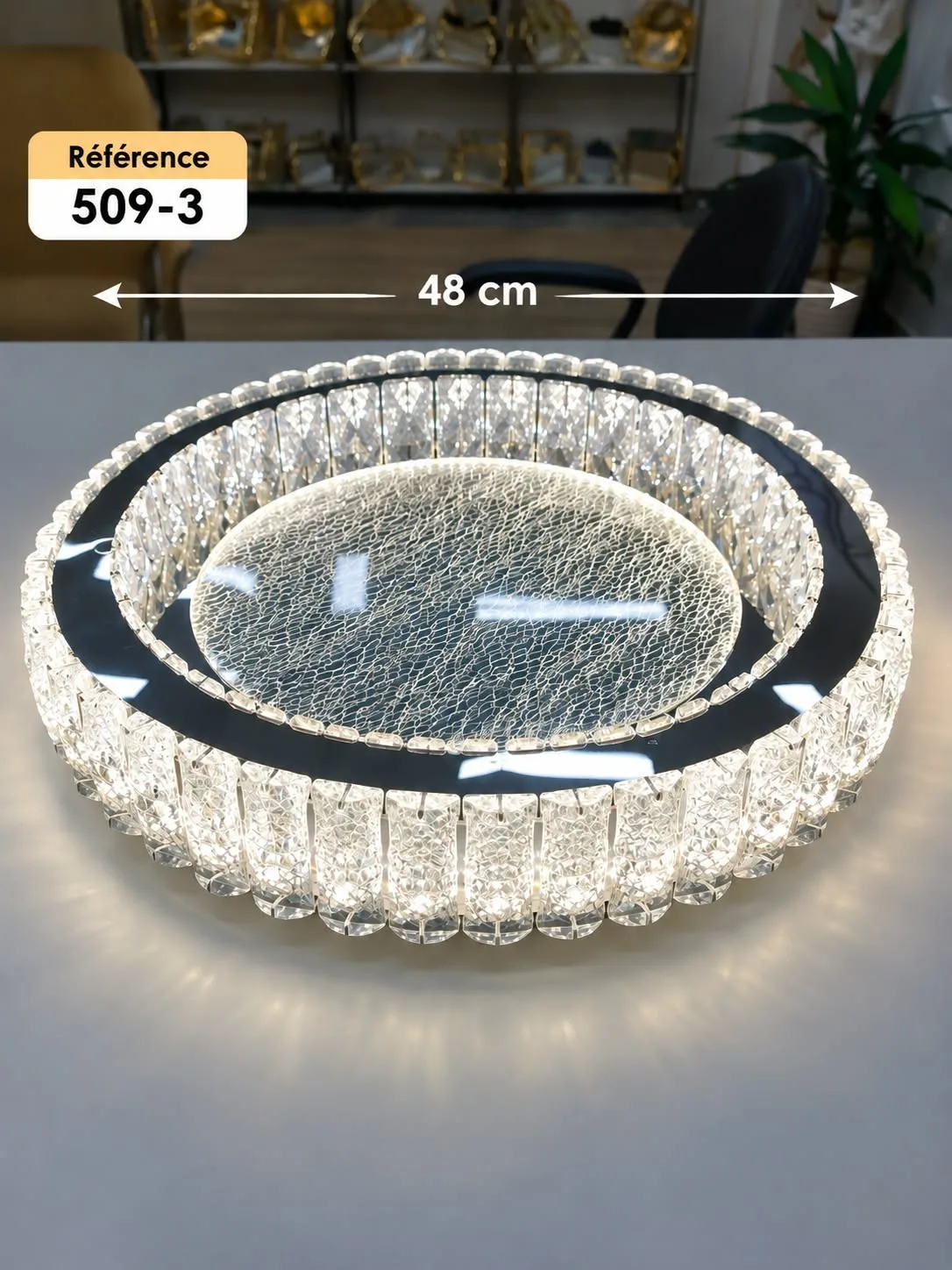 Plafonnier LED Rond Cristal 48 cm – 3 Temps d’Éclairage