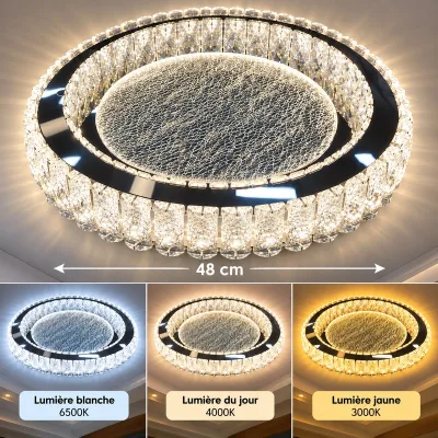 Plafonnier LED Rond Cristal 48 cm – 3 Temps d’Éclairage | Top Déco Tunisie