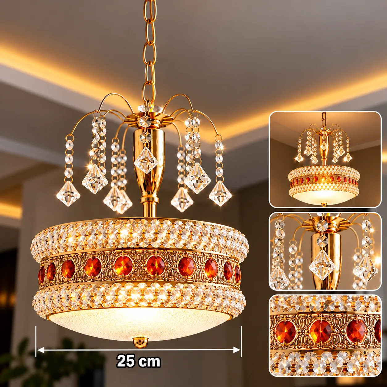 Lustre Cristal Rond Doré 25 cm