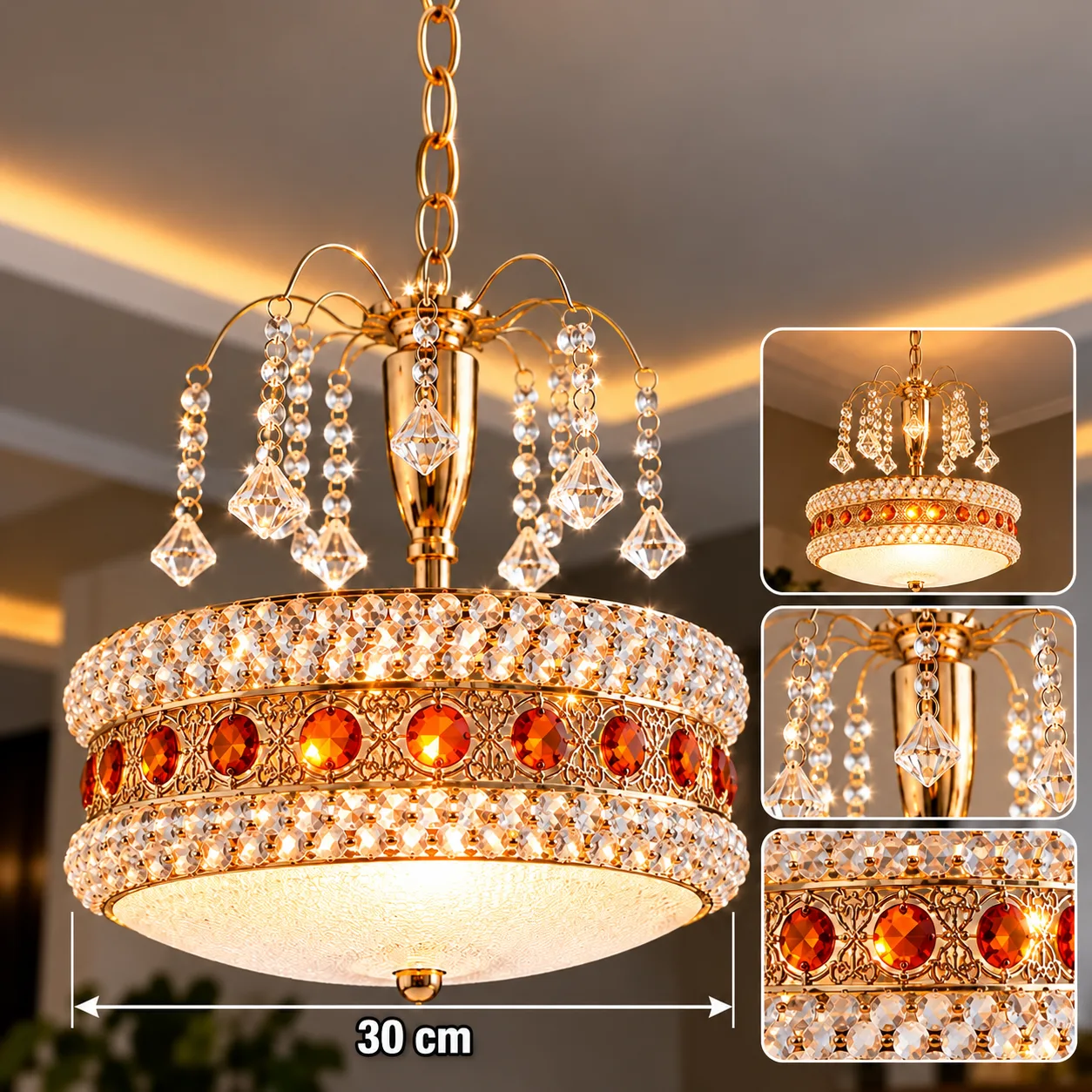 Lustre Cristal Rond Doré 30 cm