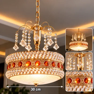 Lustre Cristal Rond Doré 30 cm | Top Déco Tunisie