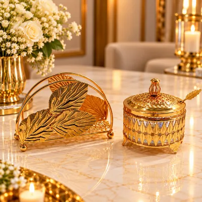 Ensemble Sucrier & Porte-Serviettes Doré – Motif Feuilles & Libellule | Top Déco Tunisie