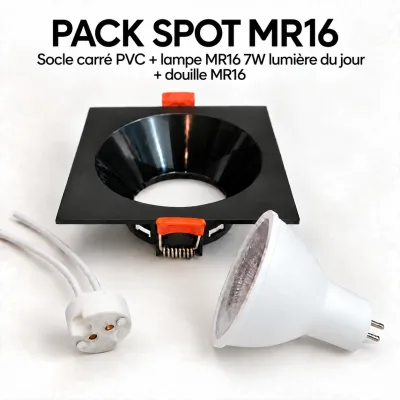 Pack Spot LED MR16 7W Carré Noir – Lumière du Jour 4000K avec Socle PVC et Douille | Top Déco Tunisie