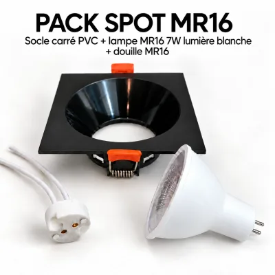 Pack Spot LED MR16 7W Carré Noir – Lumière Blanche 6500K avec Socle PVC et Douille | Top Déco Tunisie
