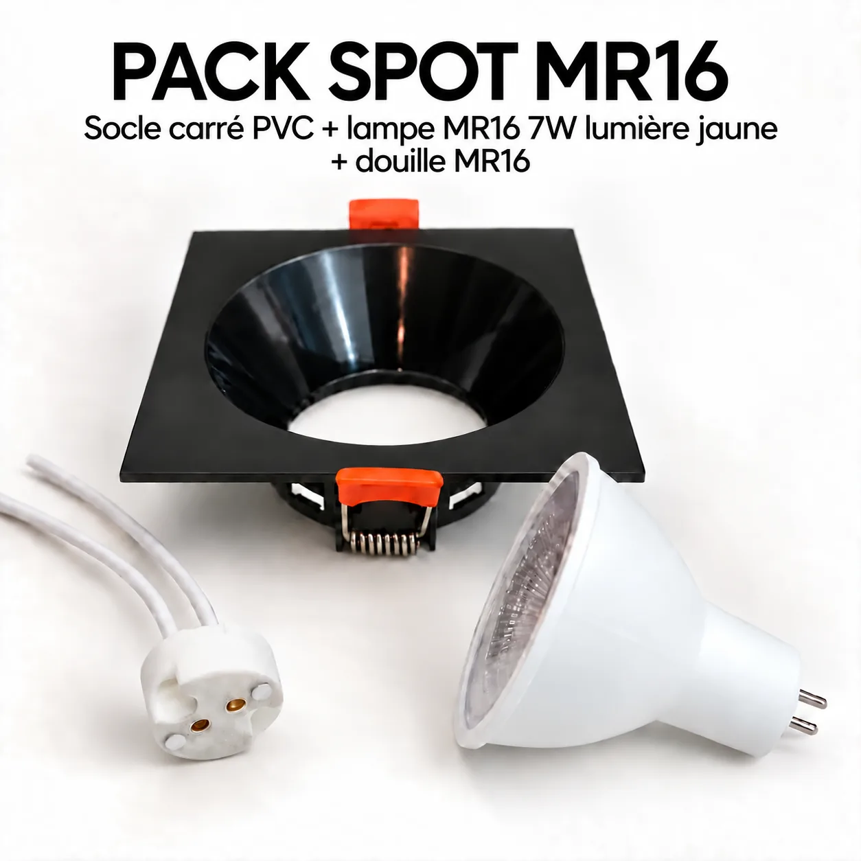 Pack Spot LED MR16 7W Carré Noir Encastrable – Lumière Jaune Chaude 3000K avec Douille