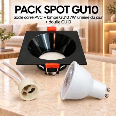 Pack Spot LED GU10 7W Carré Noir Encastrable – Lumière du Jour 4000K avec Douille | Top Déco Tunisie