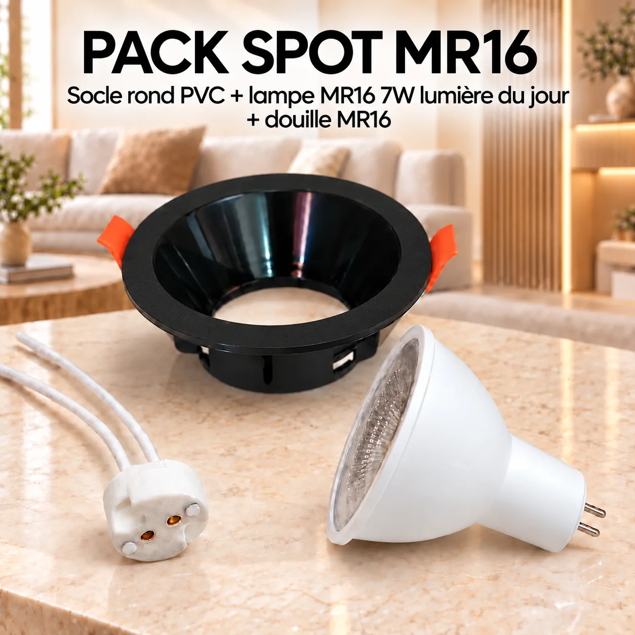 Pack Spot LED MR16 Encastrable Rond Noir 7W – Lumière du Jour 4000K avec Douille