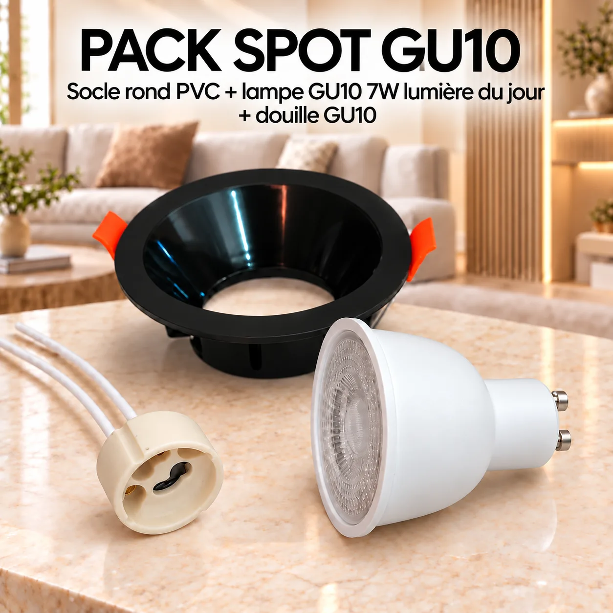 Pack Spot LED GU10 Rond Noir 7W – Lumière du Jour 4000K avec Douille
