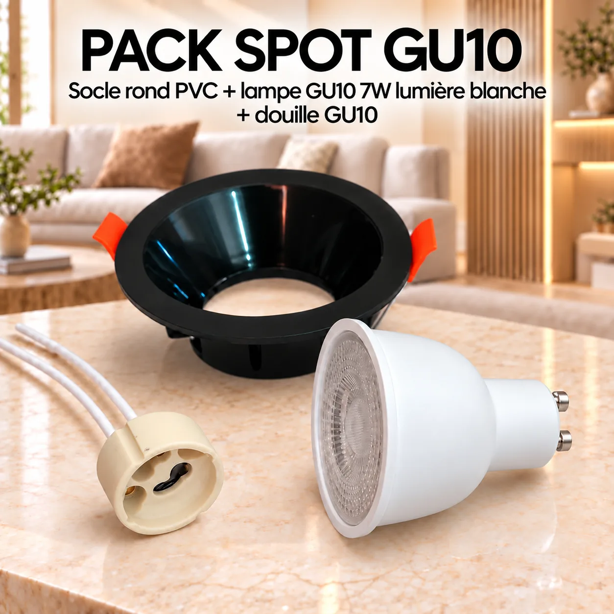 Pack Spot LED GU10 Rond Noir 7W – Lumière Blanche 6500K avec Douille