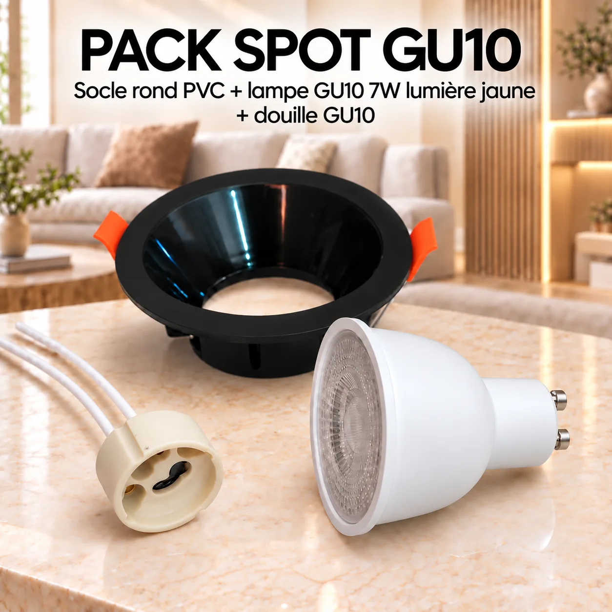 Pack Spot LED GU10 Rond Noir 7W – Lumière Jaune Chaude 3000K avec Douille