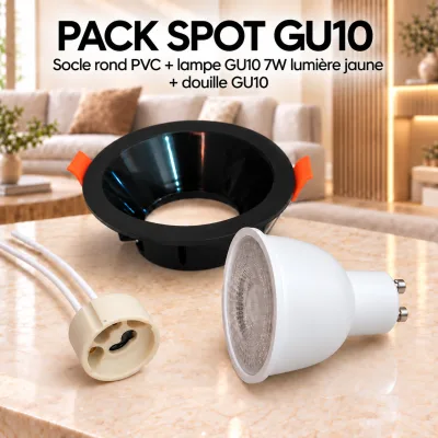 Pack Spot LED GU10 Rond Noir 7W – Lumière Jaune Chaude 3000K avec Douille | Top Déco Tunisie