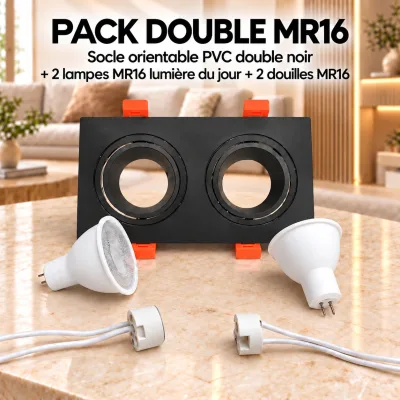 Pack Double Spot LED MR16 Orientable Noir – Socle PVC + 2 Lampes 4000K + 2 Douilles | Top Déco Tunisie