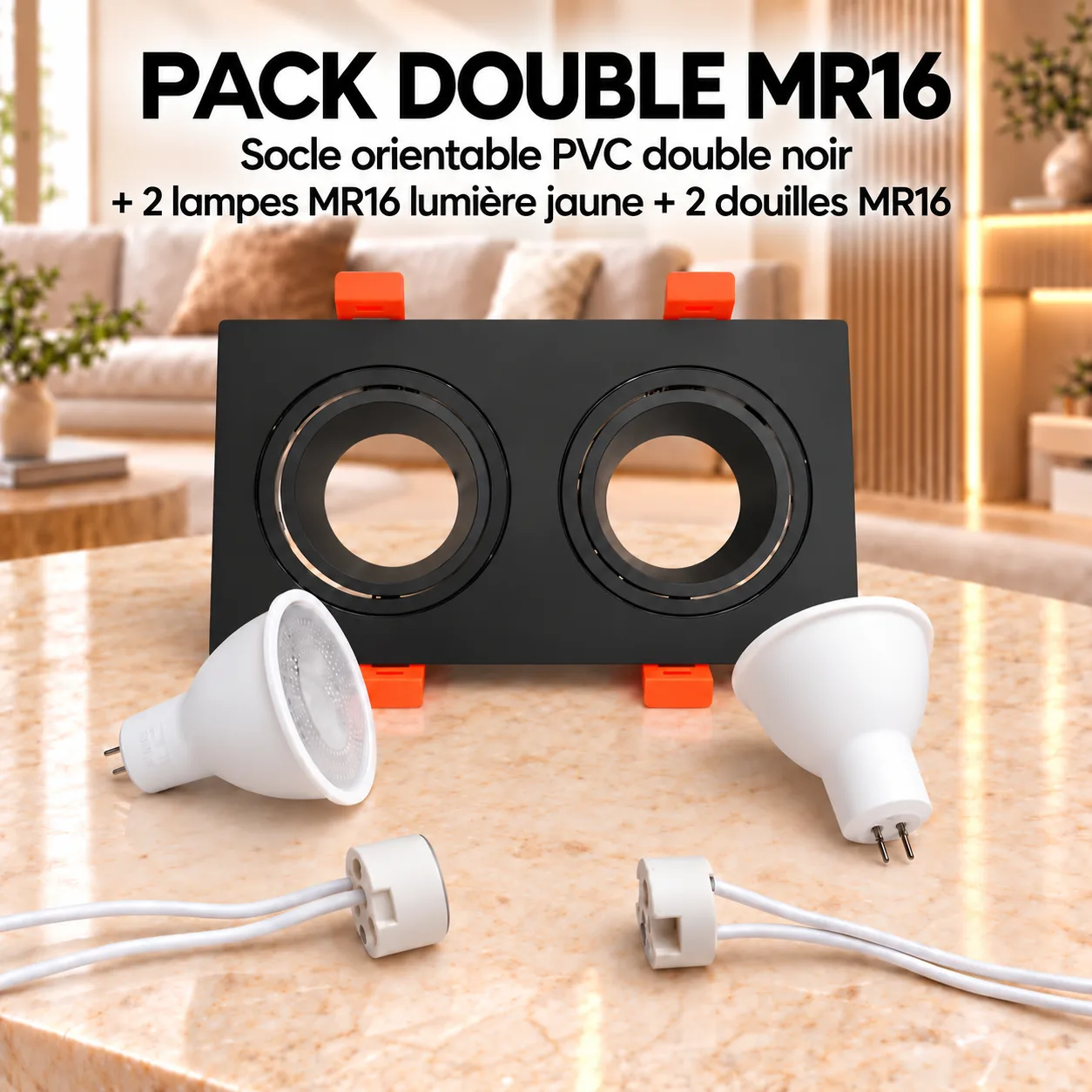 Pack Double Spot LED MR16 Orientable Noir – Socle PVC + 2 Lampes 3000K + 2 Douilles