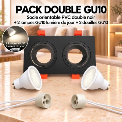 Pack Double Spot LED GU10 Orientable Noir – Socle PVC + 2 Lampes 4000K + 2 Douilles | Top Déco Tunisie