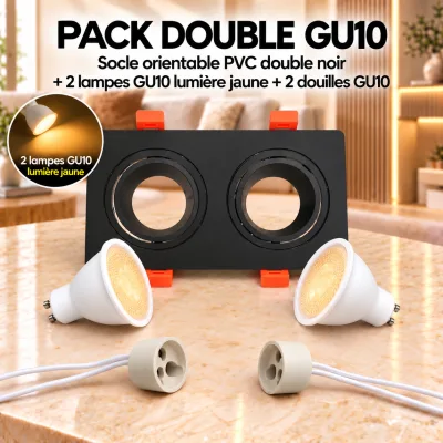 Pack Double Spot LED GU10 Orientable Noir – 2 Lampes Lumière Jaune 3000K + 2 Douilles | Top Déco Tunisie