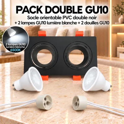 Pack Double Spot LED GU10 Orientable Noir – 2 Lampes Lumière Blanche 6500K + 2 Douilles | Top Déco Tunisie