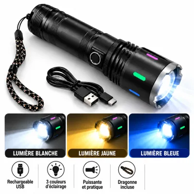 Lampe Torche LED Rechargeable USB – 3 Couleurs d’Éclairage (Blanc, Jaune et Bleu) | Top Déco Tunisie