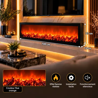 Cheminée Électrique Décorative Panoramique 100 cm – Effet Flammes Réalistes Orange – Noir | Top Déco Tunisie