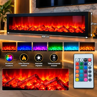 Cheminée Électrique Décorative LED RGB 100 cm – Flammes Multicolores avec Télécommande – Noir | Top Déco Tunisie