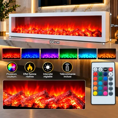 Cheminée Électrique Décorative LED RGB 100 cm – Flammes Multicolores avec Télécommande – Blanc