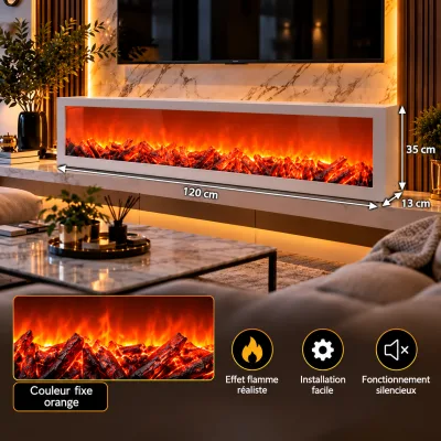 Cheminée Électrique Décorative Panoramique 120 cm – Effet Flammes Réalistes Orange – Blanc | Top Déco Tunisie