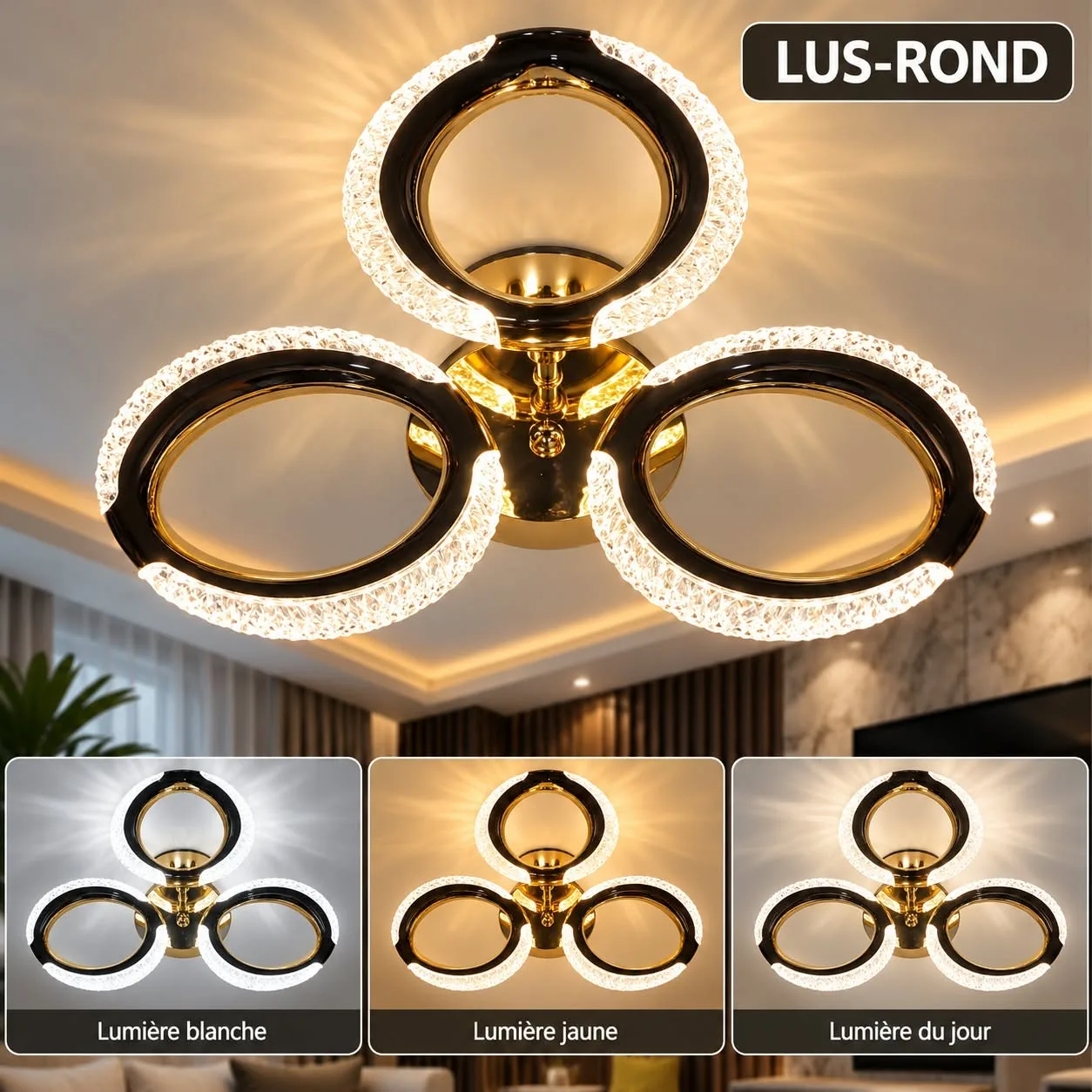 Lustre Plafonnier LED Moderne 3 Anneaux Ronds – Noir et Doré Effet Cristal – 3 Couleurs d’Éclairage