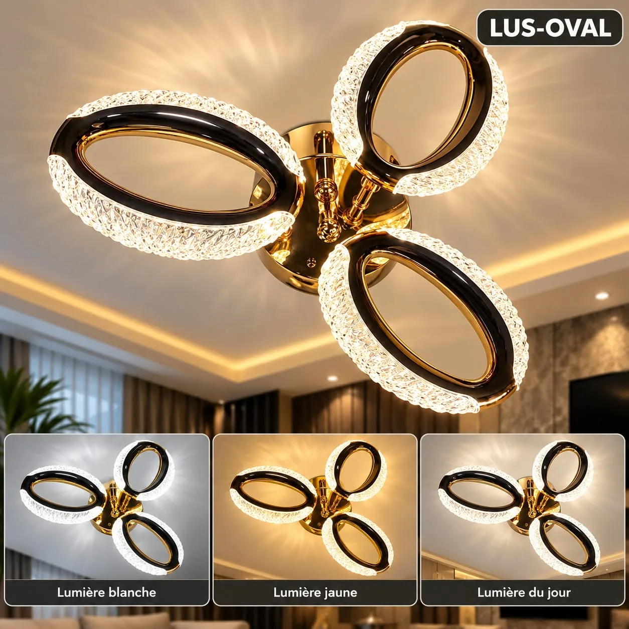 Lustre Plafonnier LED Moderne 3 Anneaux Ovales – Noir et Doré Effet Cristal – 3 Couleurs d’Éclairage