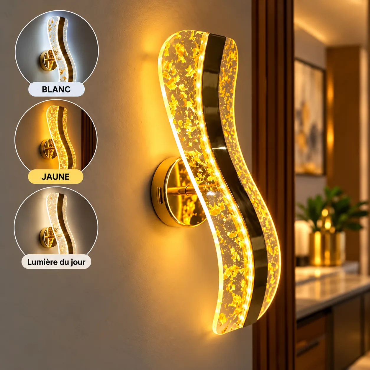 Applique Murale LED Moderne Ondulée Dorée – Effet Cristal – 3 Couleurs d’Éclairage
